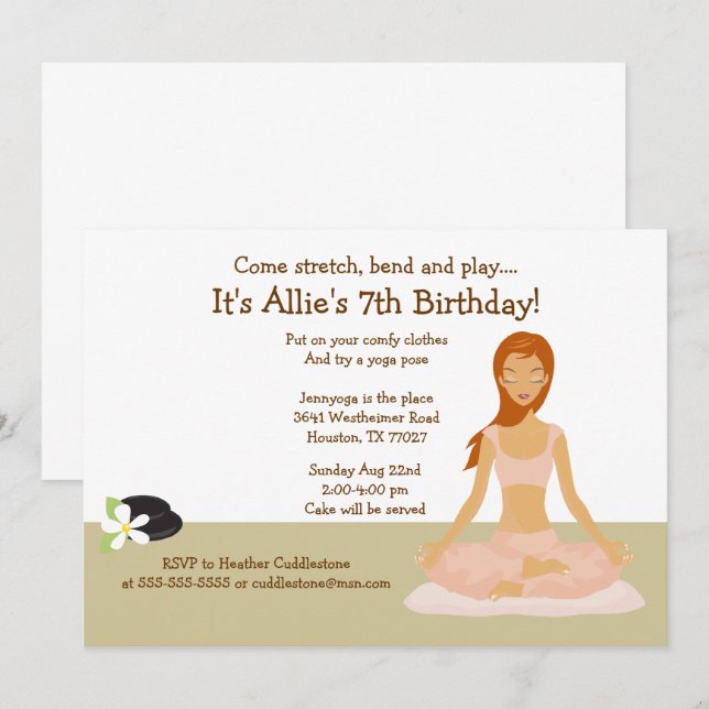 Redhead Yoga Girl Birthday Party 5x7 Invitation (Front/Back)