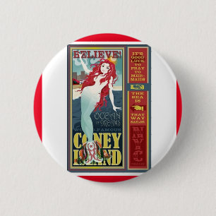redheaded coney island mermaid 6 cm round badge