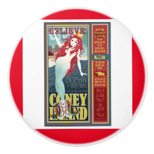 redheaded coney island mermaid ceramic knob