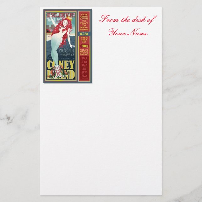 redheaded coney island mermaid stationery (Front)