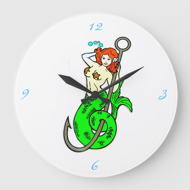 redheaded green-tail mermaid large clock (Front)