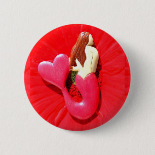 redheaded heart-tail mermaid 6 cm round badge