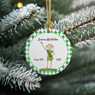Redheaded Junior Girl Scouting Green Diamond Shape Ceramic Tree Decoration