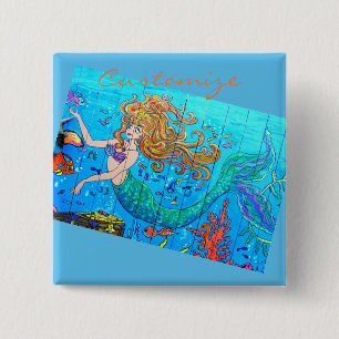 redheaded mermaid blue 15 cm square badge