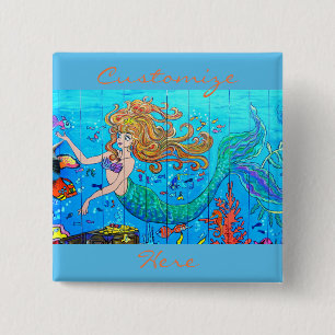redheaded mermaid customised 15 cm square badge
