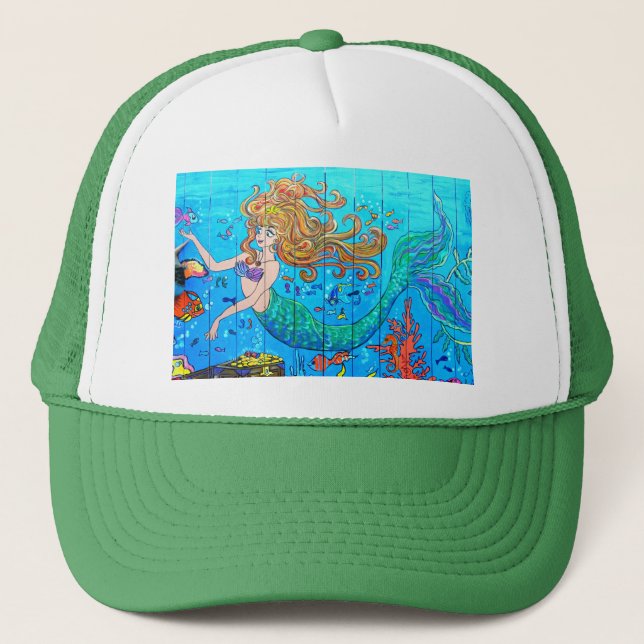 redheaded mermaid green trucker hat (Front)