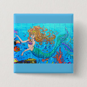 redheaded mermaid underwater 15 cm square badge