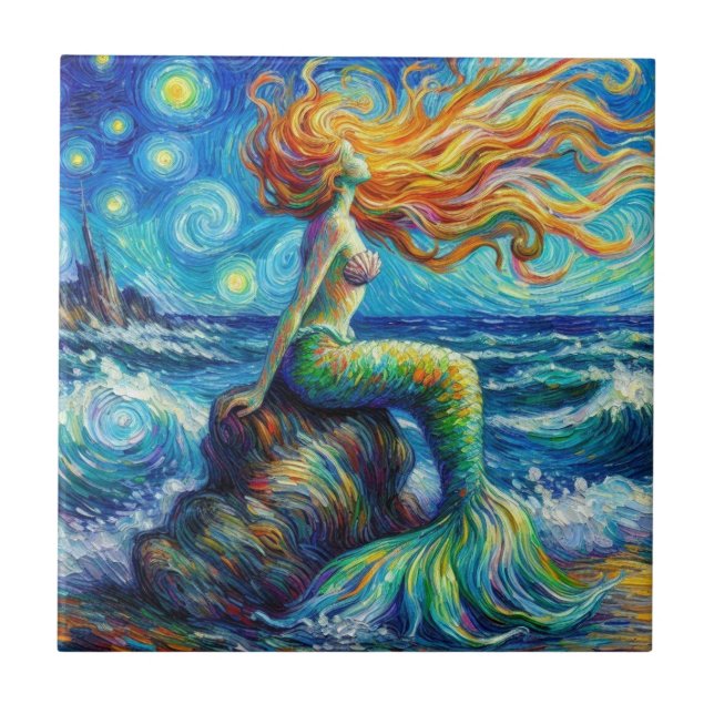 Redheaded Mermaid Van Gogh Style Tile (Front)