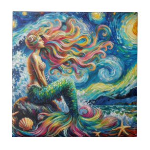 Redheaded Mermaid Van Gogh Style Tile