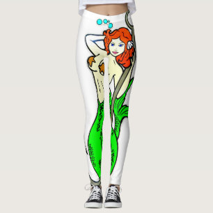 redheaded mermaid with green tail leggings