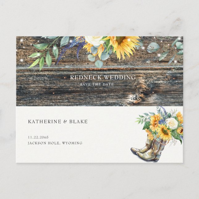 Redneck Wedding Rustic Sunflower Save the Date Announcement Postcard (Front)