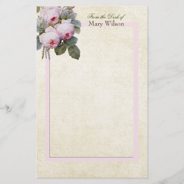 Redoute Bourbon Rose Personalised Stationery (Front)