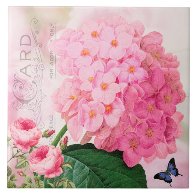 Redoute French Pink Hydrangea Roses Ceramic Tile (Front)