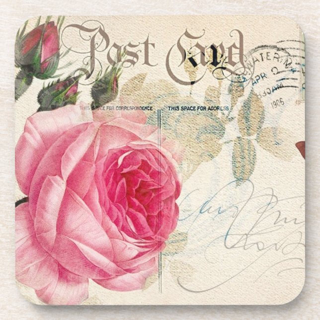 Redoute Pink Rose French Accent Postcard Coasters (Front)