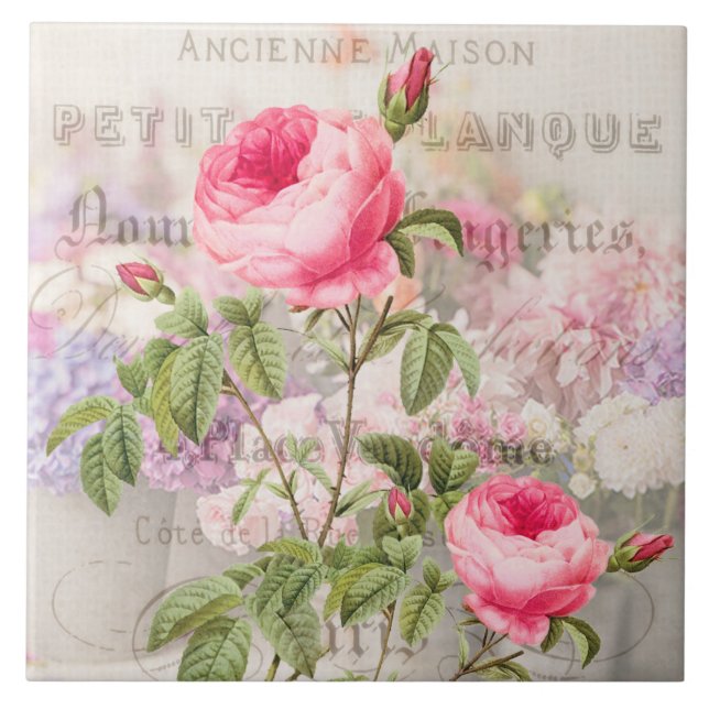 Redoute Pink Roses Ceramic Tile (Front)