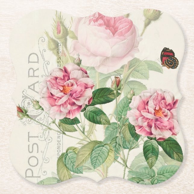 Redoute Pink Roses Flowers Accent Paper Coaster (Front)