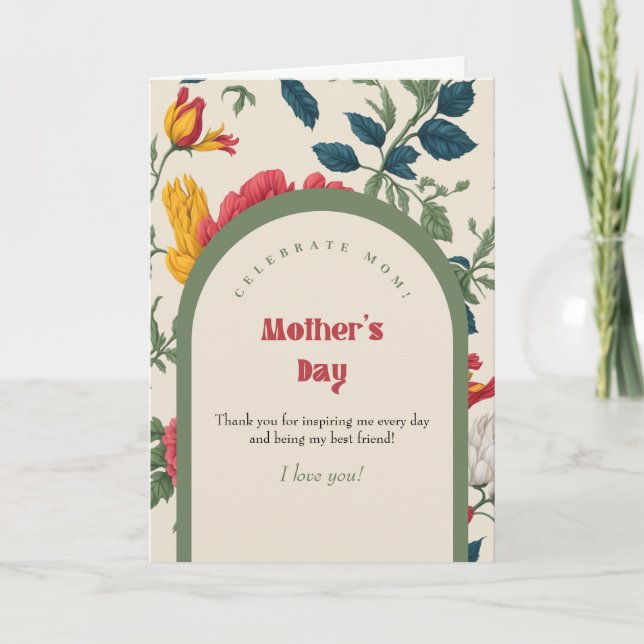 Redoute Roses Retro Patterned Arch  Mother's Day Holiday Card (Front)