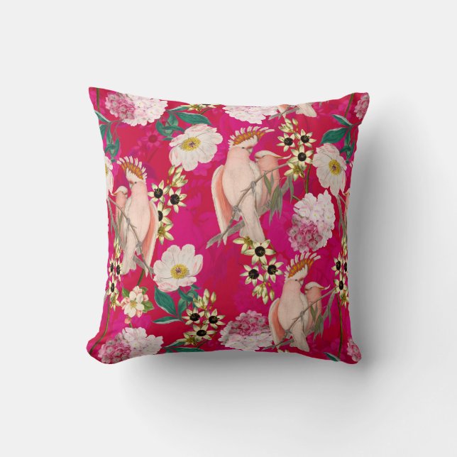 Redouté Tropical Flowers and Birds Pattern Cushion (Front)