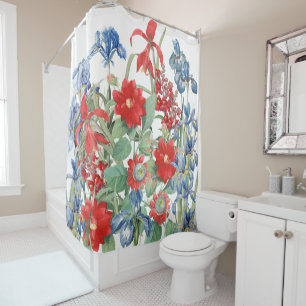 Redoutes Red Blue Flowers Floral Garden Shower Curtain