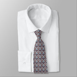Reds, Sage, Blue, Black & White Floral Damask Tie