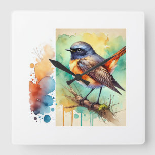 Redstart Bird 020824AREF122 - Watercolor Square Wall Clock