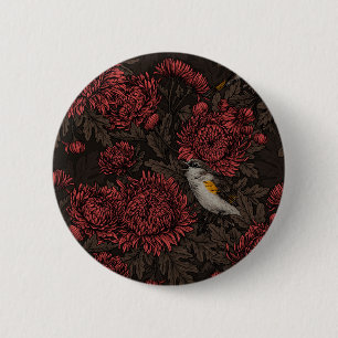 Redstarts in the chrysanthemums in brown and red 6 cm round badge
