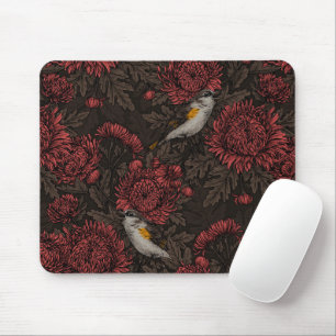 Redstarts in the chrysanthemums in brown and red mouse mat