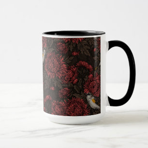 Redstarts in the chrysanthemums in brown and red mug