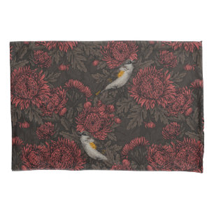 Redstarts in the chrysanthemums in brown and red pillowcase