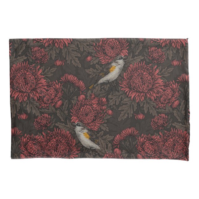 Redstarts in the chrysanthemums in brown and red pillowcase (Front-Left)