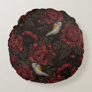 Redstarts in the chrysanthemums in brown and red round cushion