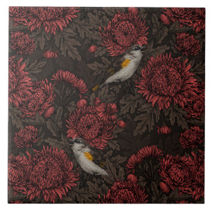 Redstarts in the chrysanthemums in brown and red tile