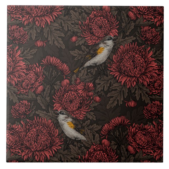 Redstarts in the chrysanthemums in brown and red tile (Front)