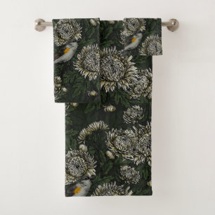 Redstarts in the chrysanthemums in green and white bath towel set