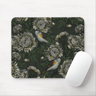 Redstarts in the chrysanthemums in green and white mouse mat