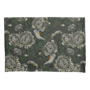 Redstarts in the chrysanthemums in green and white pillowcase