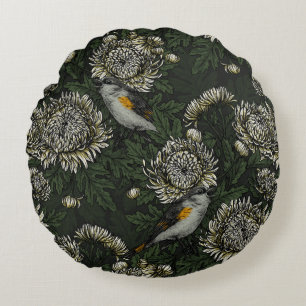 Redstarts in the chrysanthemums in green and white round cushion