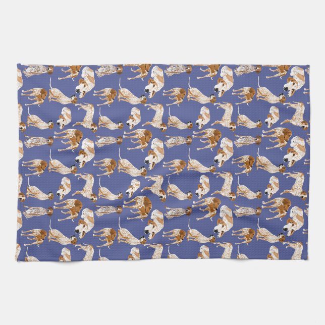 Redtick Coonhound on Blue Tea Towel (Horizontal)