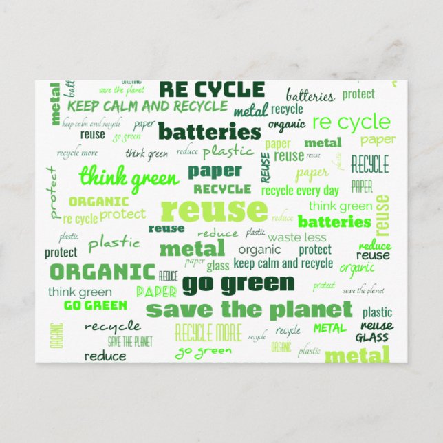 Reduce, Reuse, Recycle Word Cloud Postcard (Front)