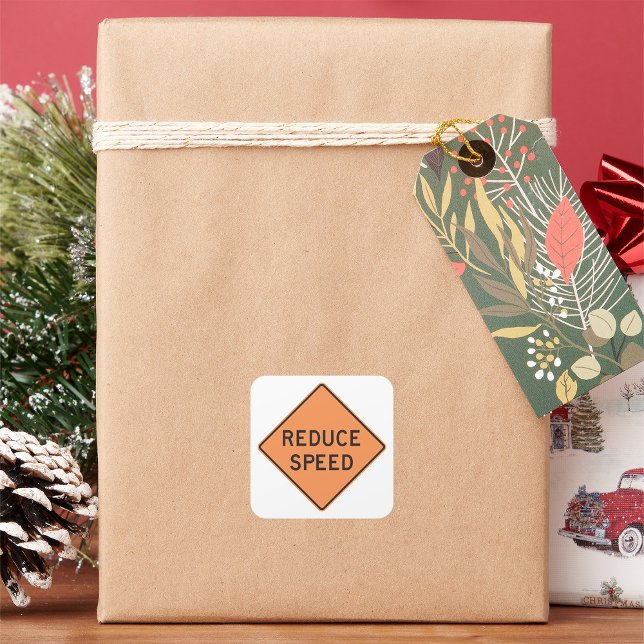 Reduce Speed Orange Diamond Road Sign Square Sticker (Creator Uploaded)