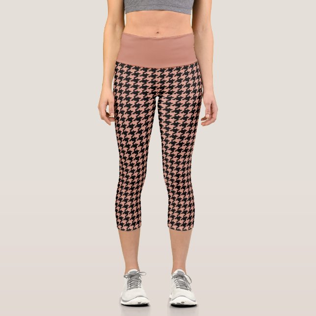 Redwood Antique Brass Houndstooth Patterned Plaid  Capri Leggings (Front)