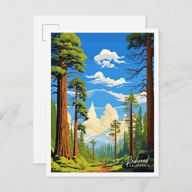 Redwood California Art Travel Vintage illustration Postcard (Front/Back)