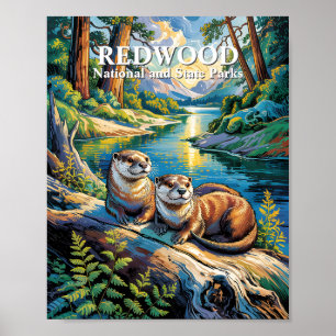 Redwood National Park Animal Otters Van Gogh Style Poster
