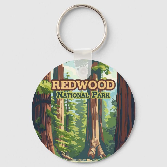 Redwood National Park California Tree Retro Key Ring (Front)