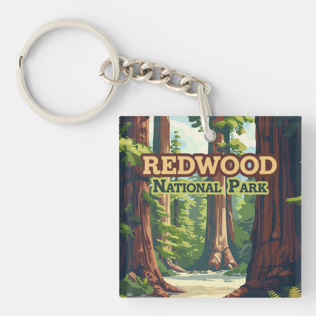 Redwood National Park California Tree Retro Key Ring (Front)