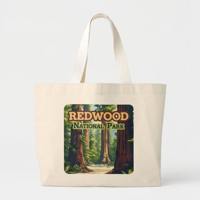 Redwood National Park California Tree Retro Large Tote Bag (Front)
