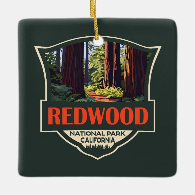 Redwood National Park Illustration Retro Badge Ceramic Ornament (Front)