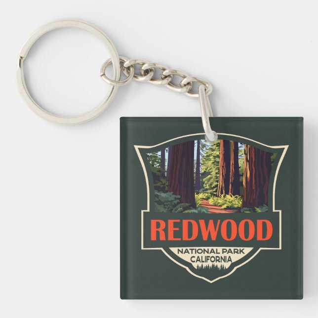 Redwood National Park Illustration Retro Badge Key Ring (Front)
