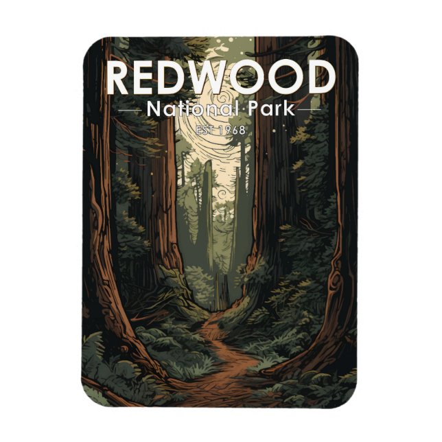 Redwood National Park Illustration Trail Vintage Magnet (Vertical)