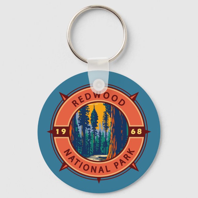 Redwood National Park Retro Compass Emblem Key Ring (Front)
